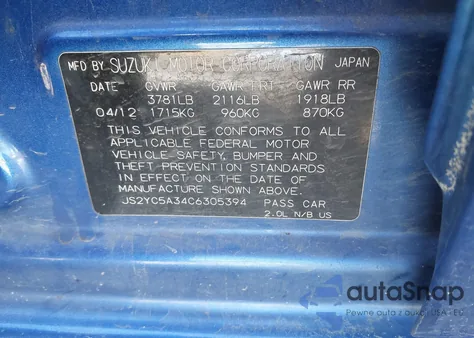 2012 Suzuki Sx4 Le/Le Popular z USA, uszkodzony, nr VIN JS2YC5A34C6305394